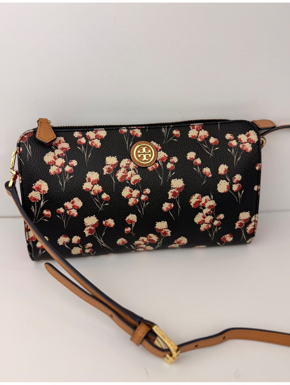 Tory Burch Kerrington Floral Wallet Crossbody Bag Black Red Gold Logo